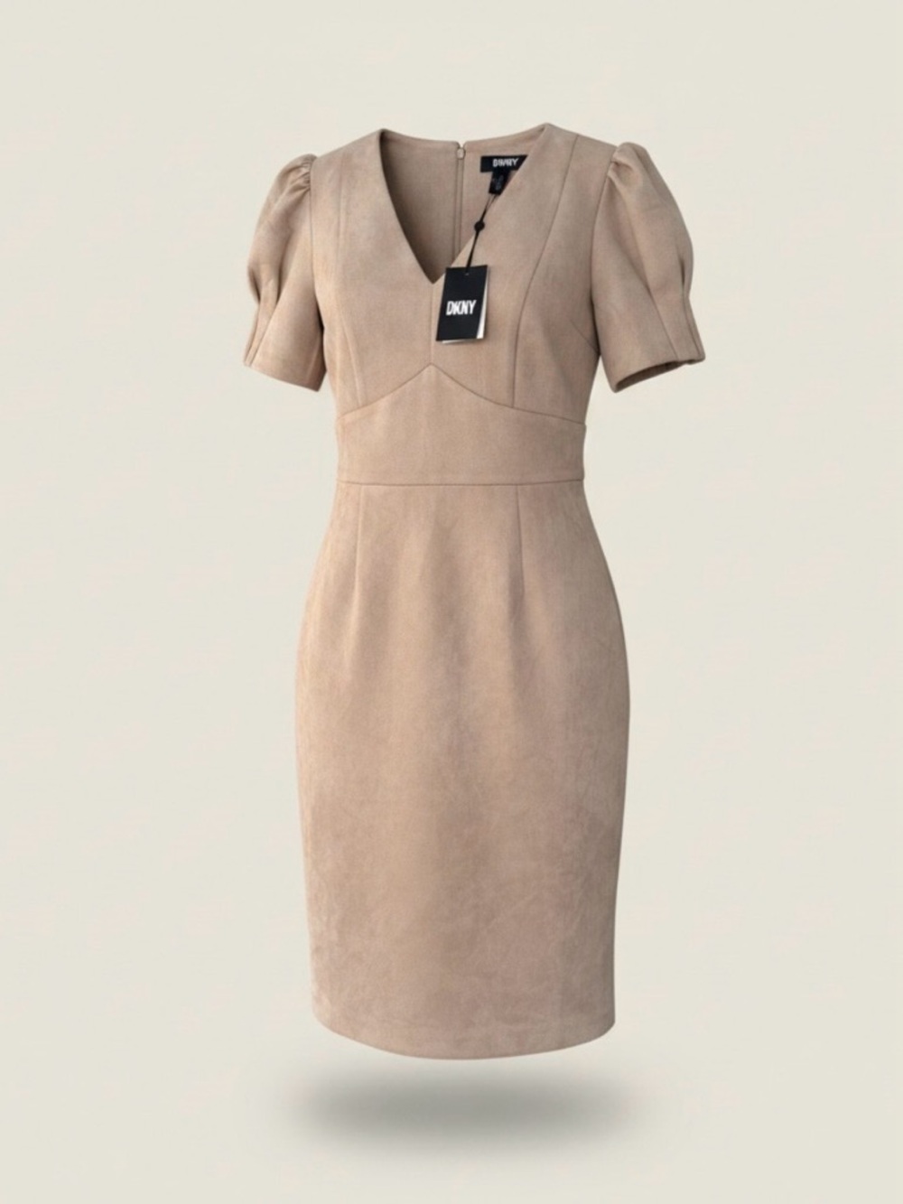 NWT DKNY Faux Suede Sheath Dress | Soft Taupe | Puff Sleeve